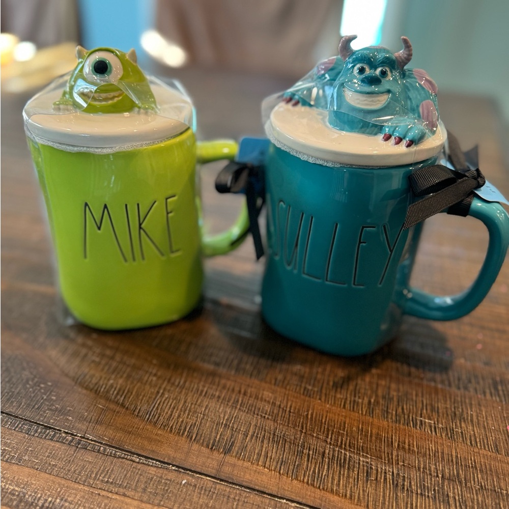 NWT Rae Dunn Disney Pixar MIKE and SULLY mugs w/toppers Monsters Inc.